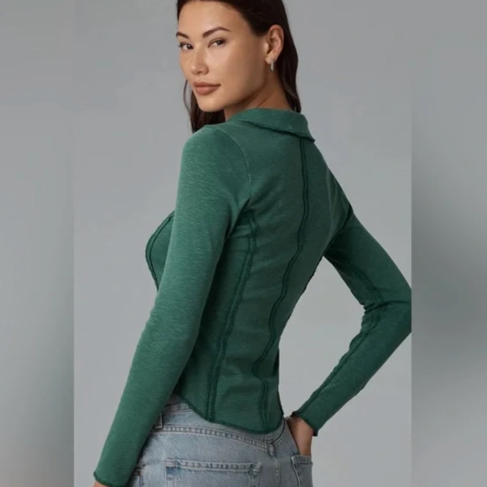 Anthropologie Pilcro Stitched Long-Sleeve Top V Neck Collared in Green - Picture 2 of 4